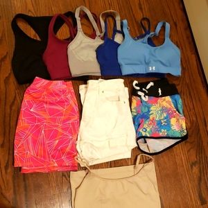 Sports bra, tank top, skirt, swim short
